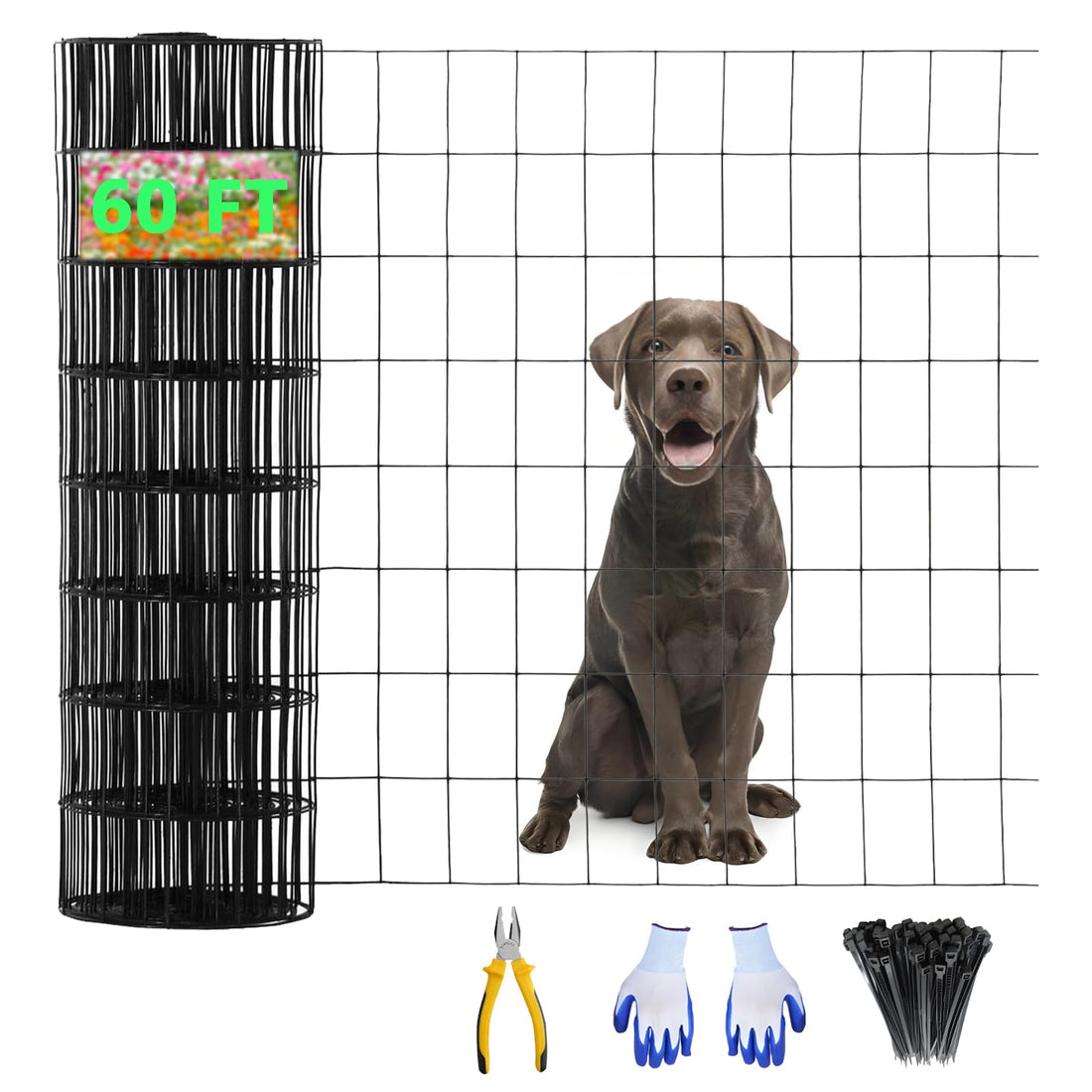 Grillage métallique noir Garvee 2x3 pouces 24x60 pi, fil de soudure calibre 16, revêtement PVC, antirouille, enclos pour jardin et animaux, avec gants et pince