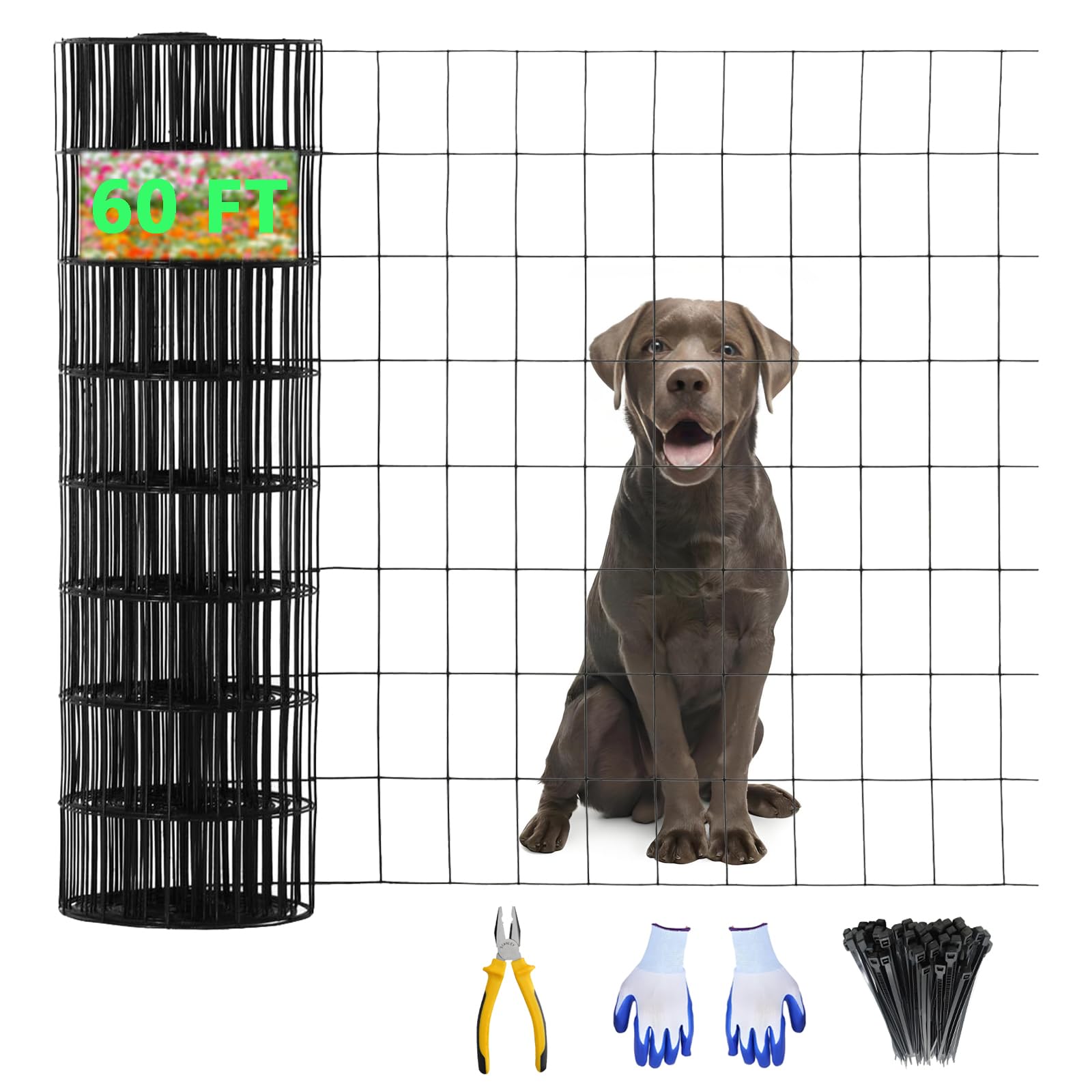 Grillage métallique noir Garvee 2x3 pouces 24x60 pi, fil de soudure calibre 16, revêtement PVC, antirouille, enclos pour jardin et animaux, avec gants et pince
