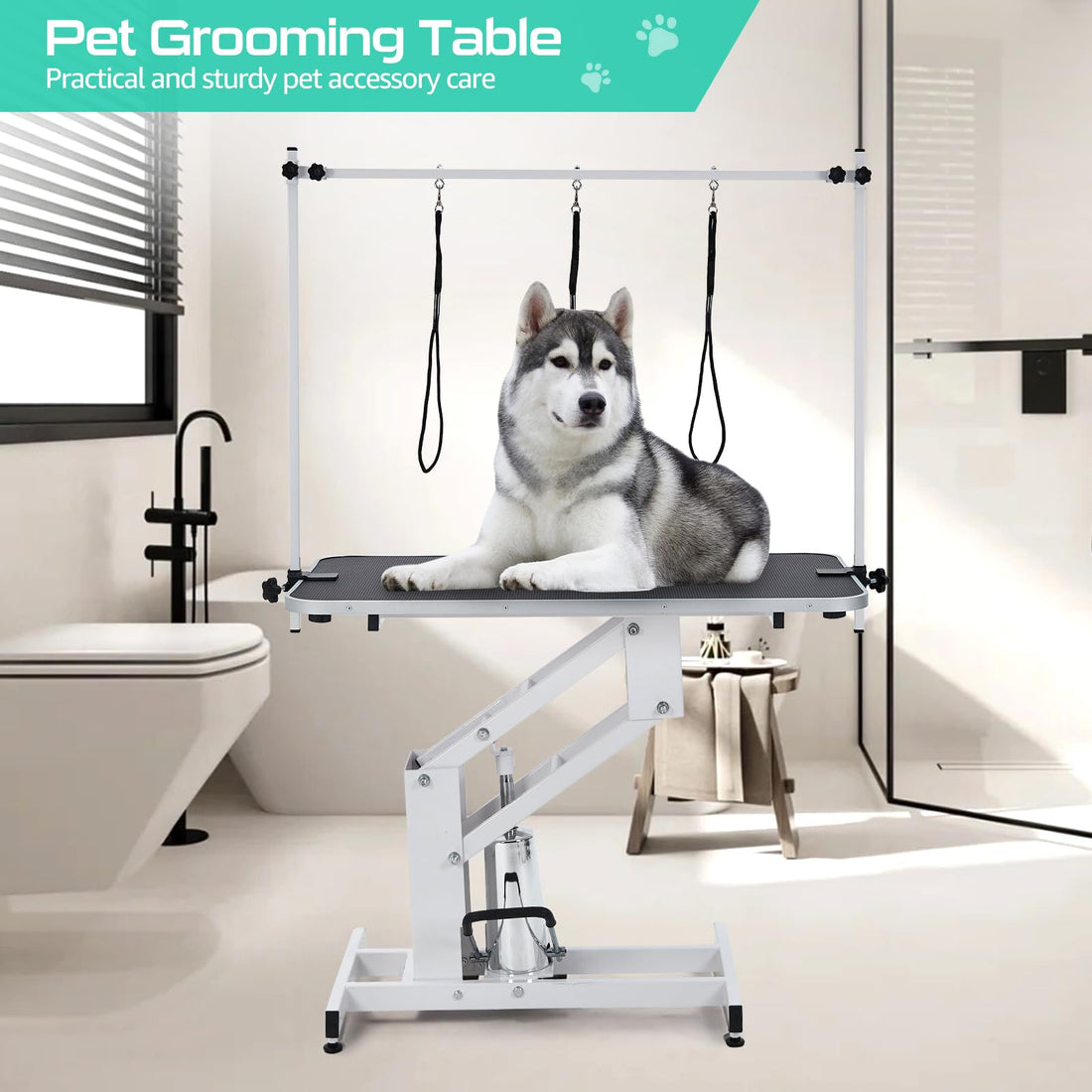 Garvee Table de toilettage pour animaux de compagnie, réglable en hauteur, robuste, avec bras de suspension et sangle pour chiens et chats, 110 × 60 cm, noire