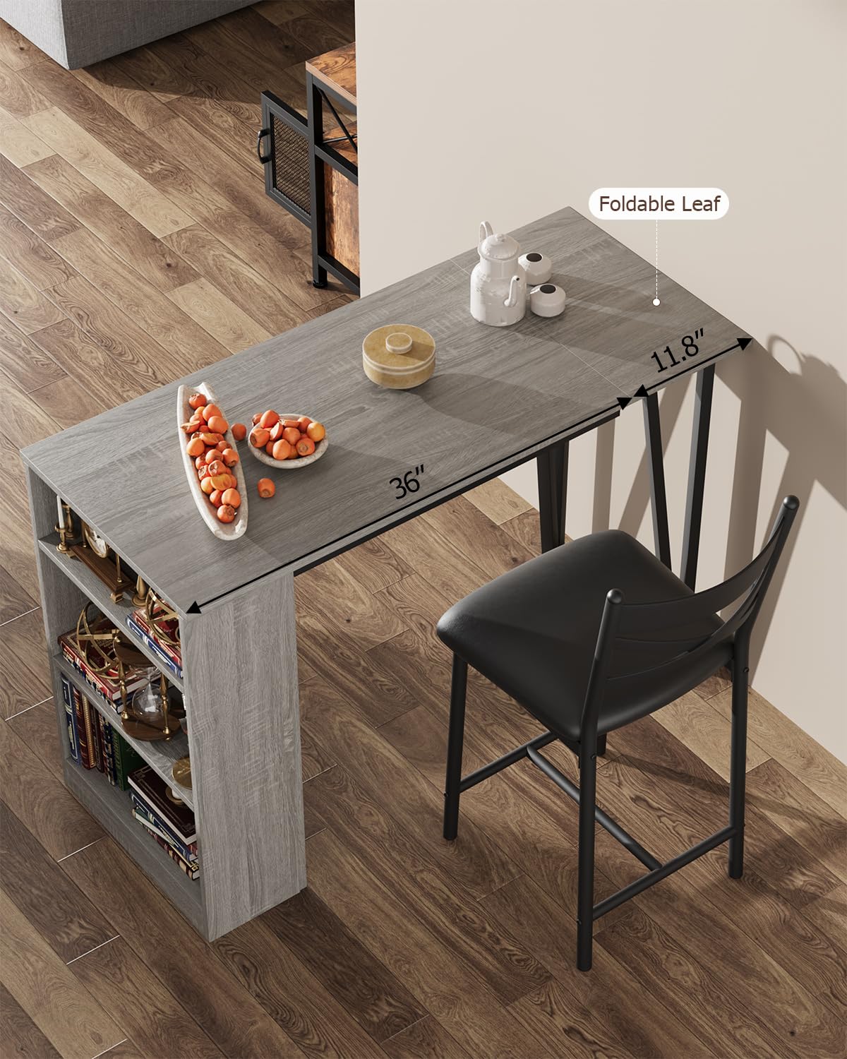 Ensemble table de bar extensible Garvee pour 2 à 4 personnes avec coussins de 40 cm de large, structure robuste en MDF, espace de rangement, gris, idéal pour les petits appartements