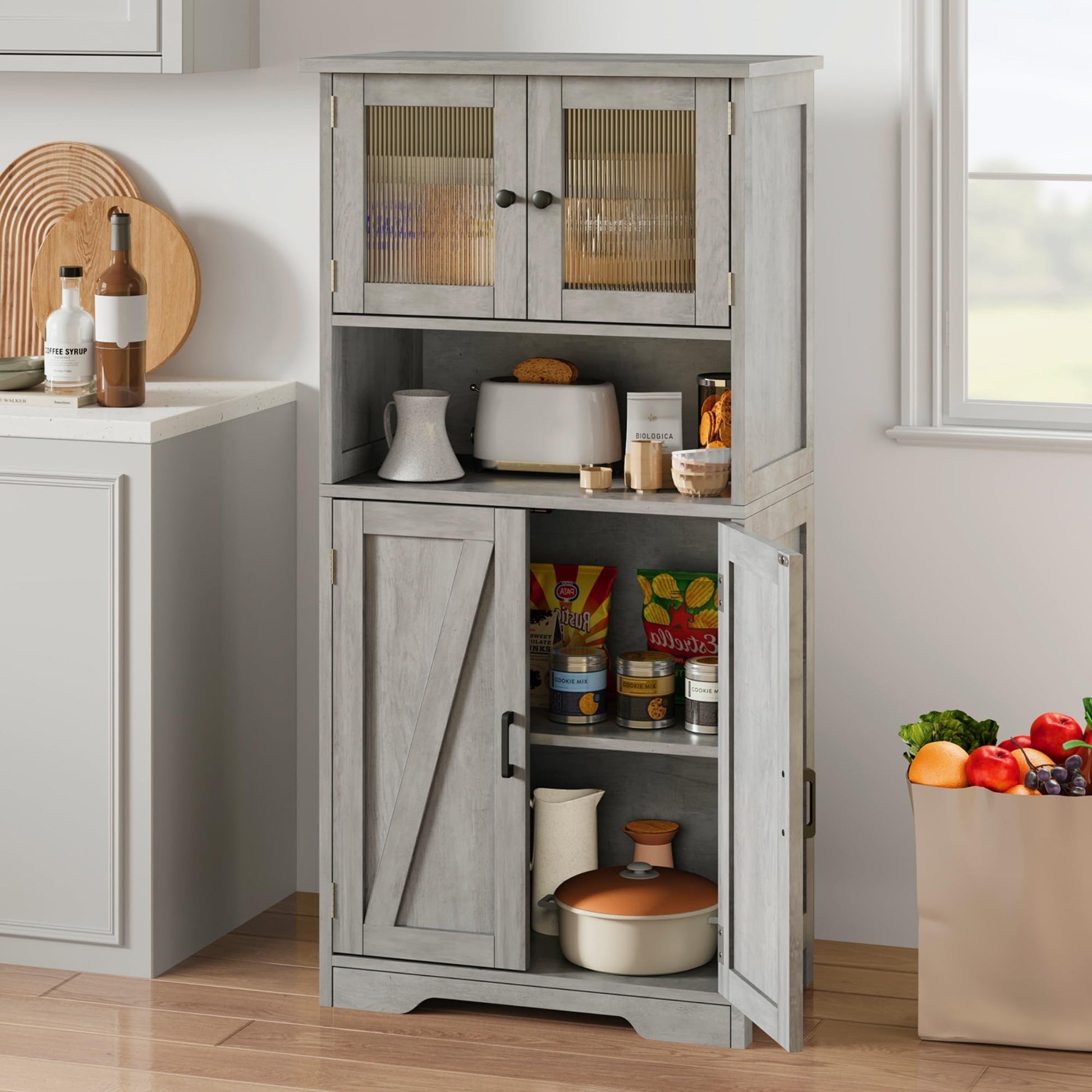 Armoire de salle de bain haute Garvee à 4 portes, étagères réglables, MDF, grise, pour cuisine et salon, autoportante, 60 x 30 x 128 cm