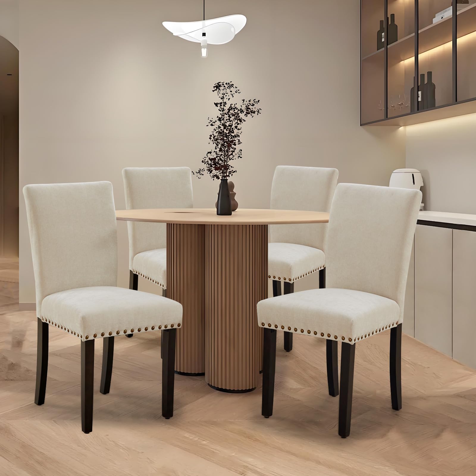 Ensemble de 2 chaises de salle à manger rembourrées Garvee, style moderne, garniture cloutée, tissu, ergonomiques, pieds en bois, beige, pour la cuisine et la salle à manger