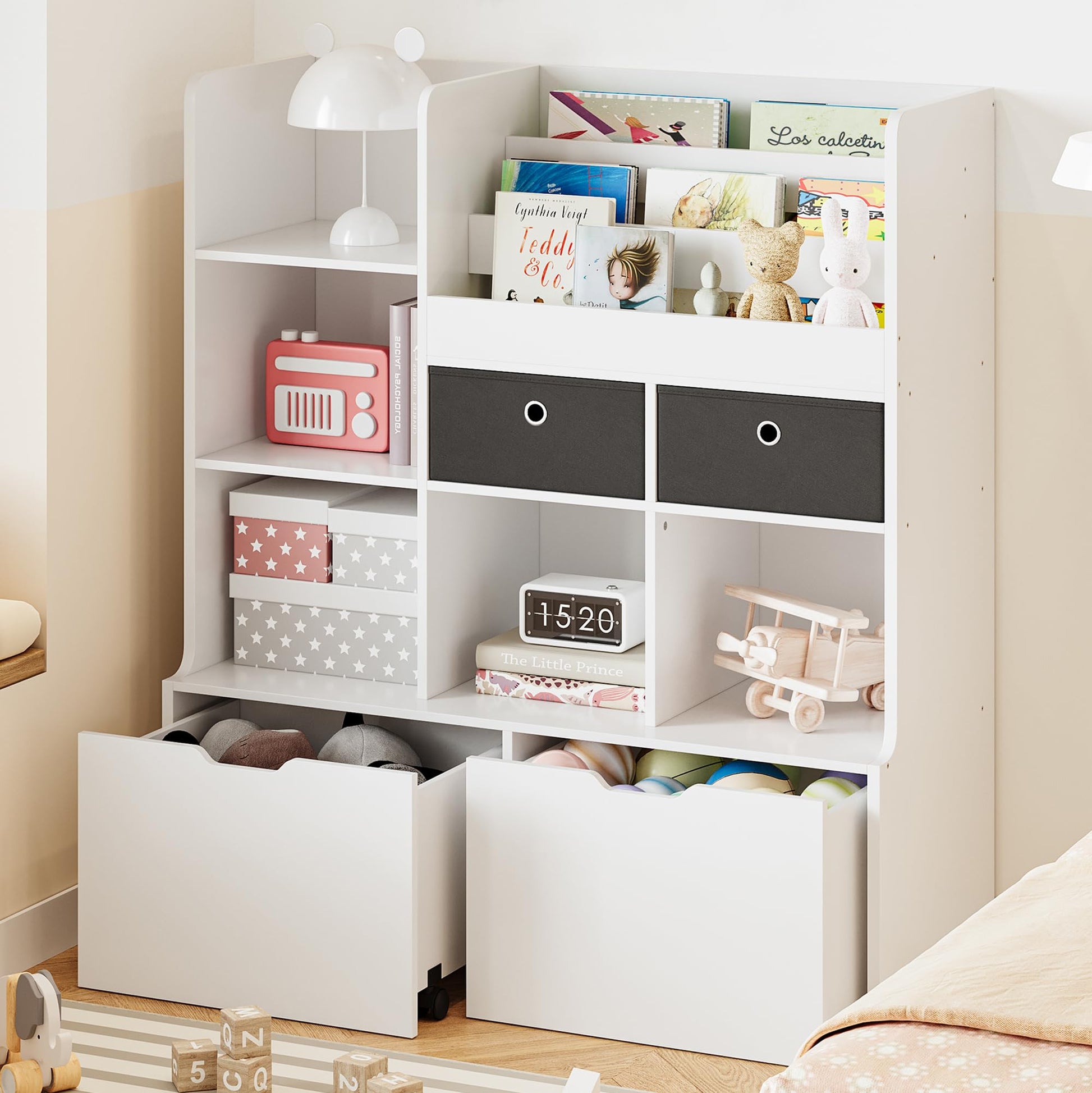 Étagère de rangement pour jouets Garvee, 121,4 cm (47,8 po), bibliothèque pour enfants avec tiroirs, étagère en bois moderne pour salle de jeux, salle de classe, chambre d'enfant