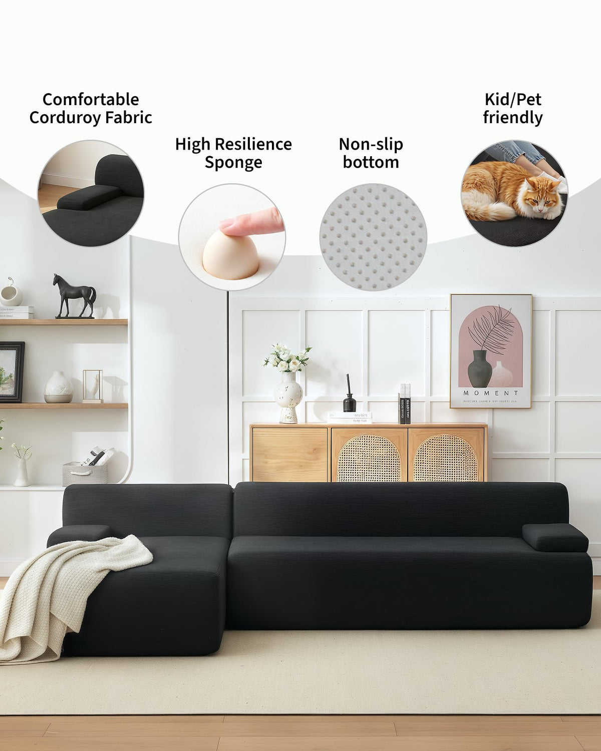 Canapé d'angle Garvee Cloud 108" avec méridienne - Canapé ultra moelleux sans dossier, velours côtelé ultra doux, canapé en L, confortable, noir, salon