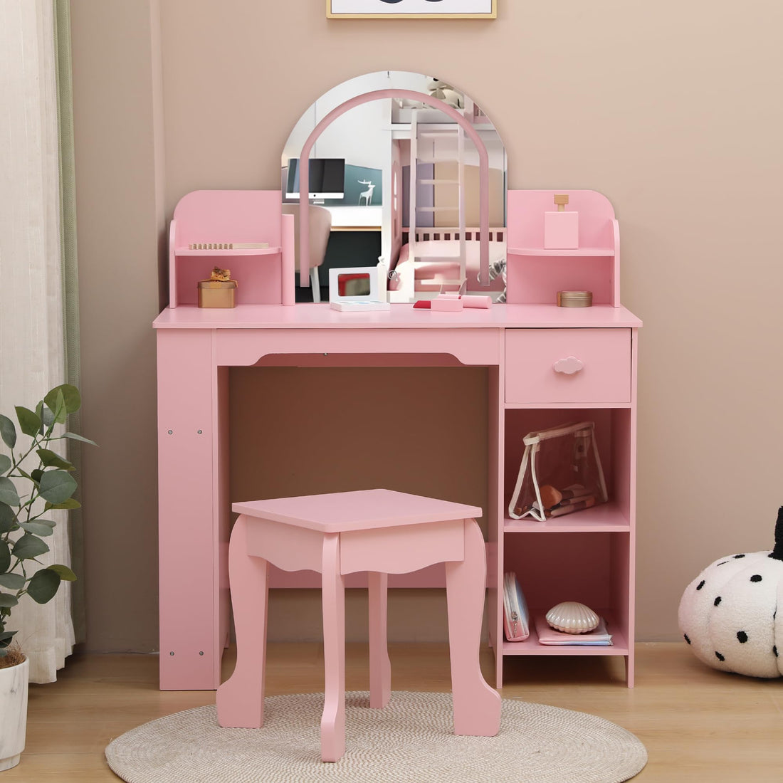 Garvee Coiffeuse pour enfants avec lumière LED et tabouret, réglable, MDF, blanche, pour filles de 3 à 9 ans, salle de jeux et chambre, Rosa, sans accessoires