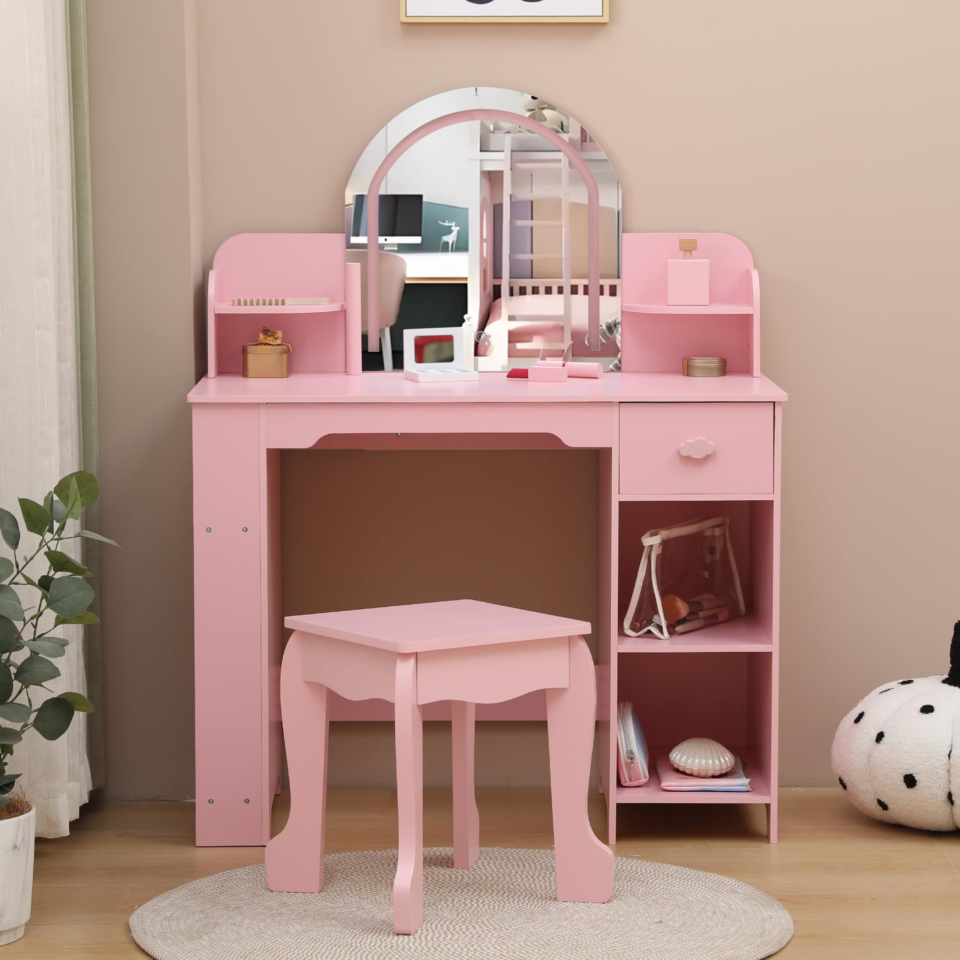 Coiffeuse Garvee pour enfants avec lumière LED, tabouret et étagère, en MDF rose, pour filles de 3 à 9 ans, chambre et salle de jeux