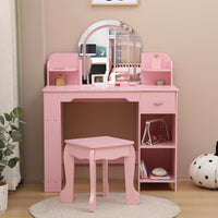 Coiffeuse Garvee pour enfants avec lumière LED, tabouret et étagère, en MDF rose, pour filles de 3 à 9 ans, chambre et salle de jeux