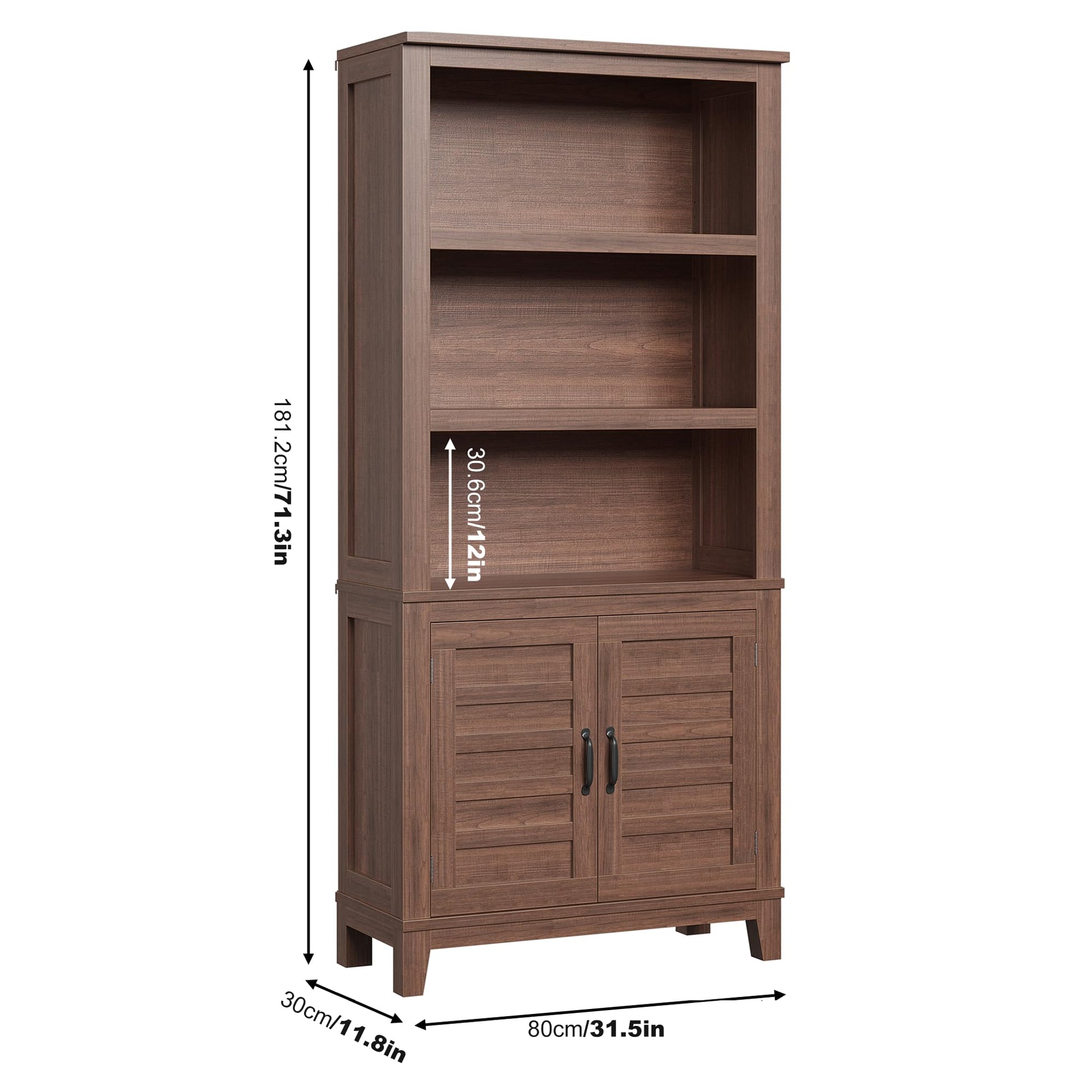 Garvee bibliothèque de style ferme 180 cm avec portes, 5 niveaux, en bois MDF robuste, aspect bois rétro, idéale pour le salon, le bureau ou la bibliothèque