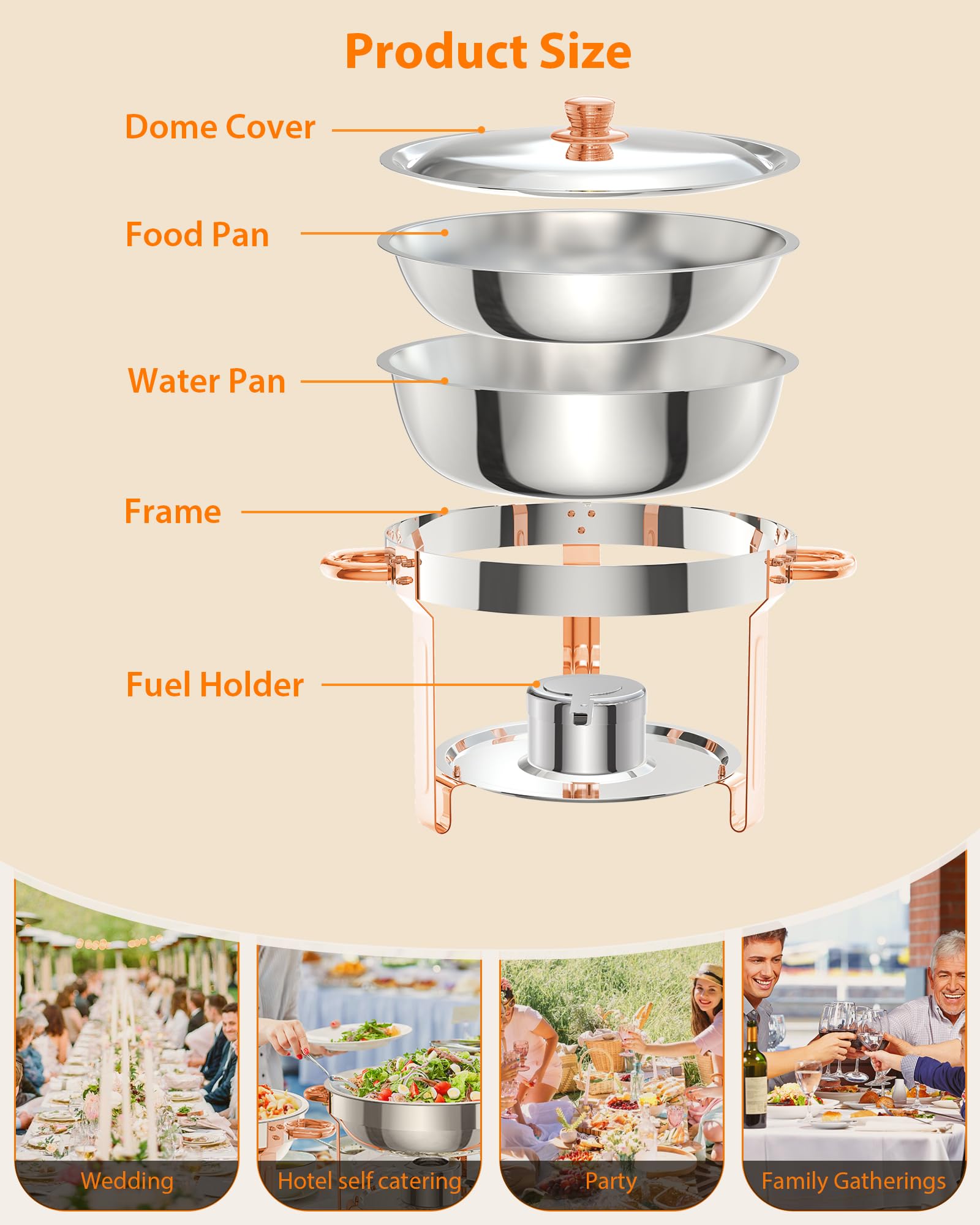 Garvee Lot de 2 plateaux chauffants pour buffet, 5 L, en acier inoxydable, couleur or rose, pour fêtes, mariages et événements