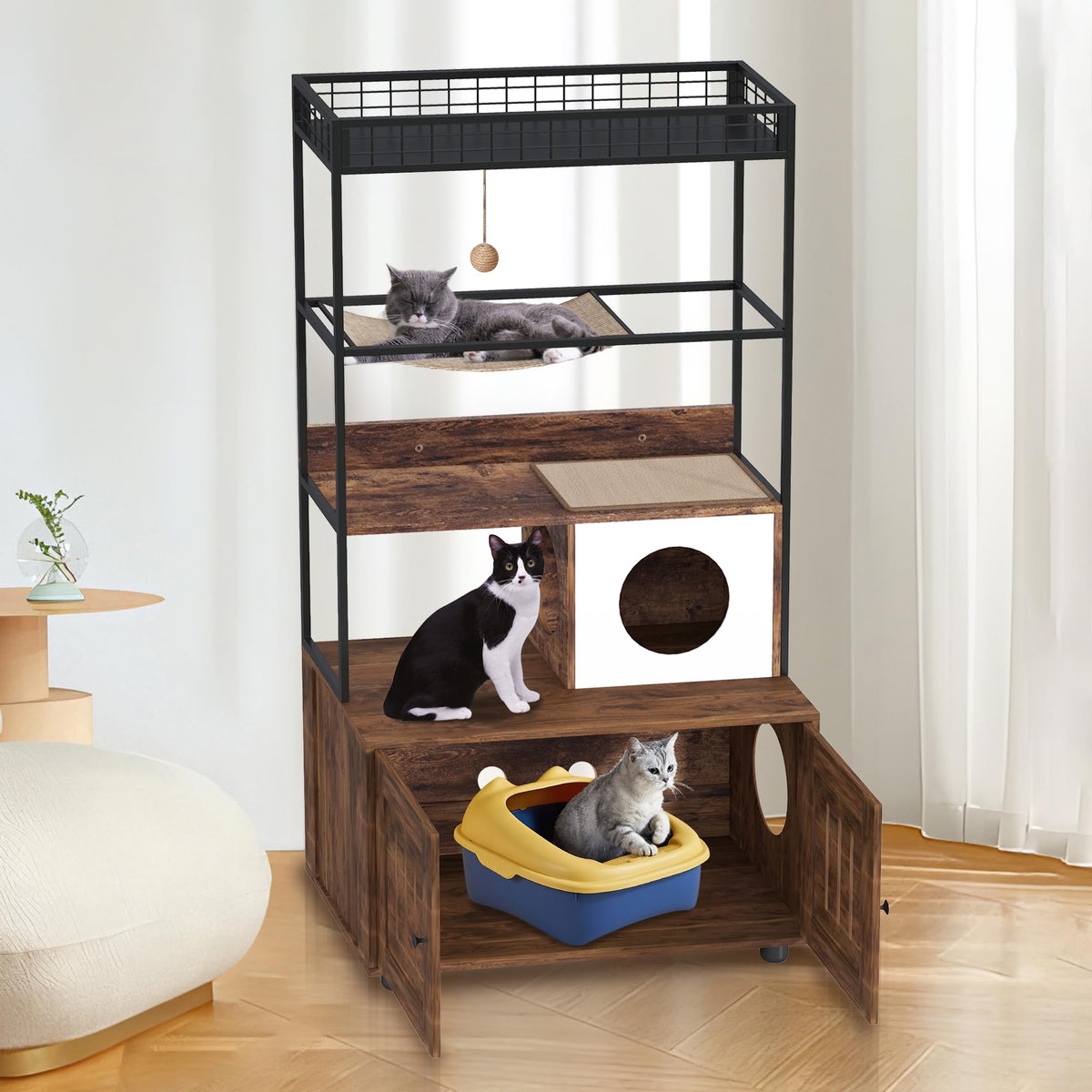 Garvee Meuble Cache Litière Chat pour Grands Chats, Meuble 2-en-1 avec Rangement Intégré et Bac à Litière Dissimulé, Structure Métallique Marron Rétro