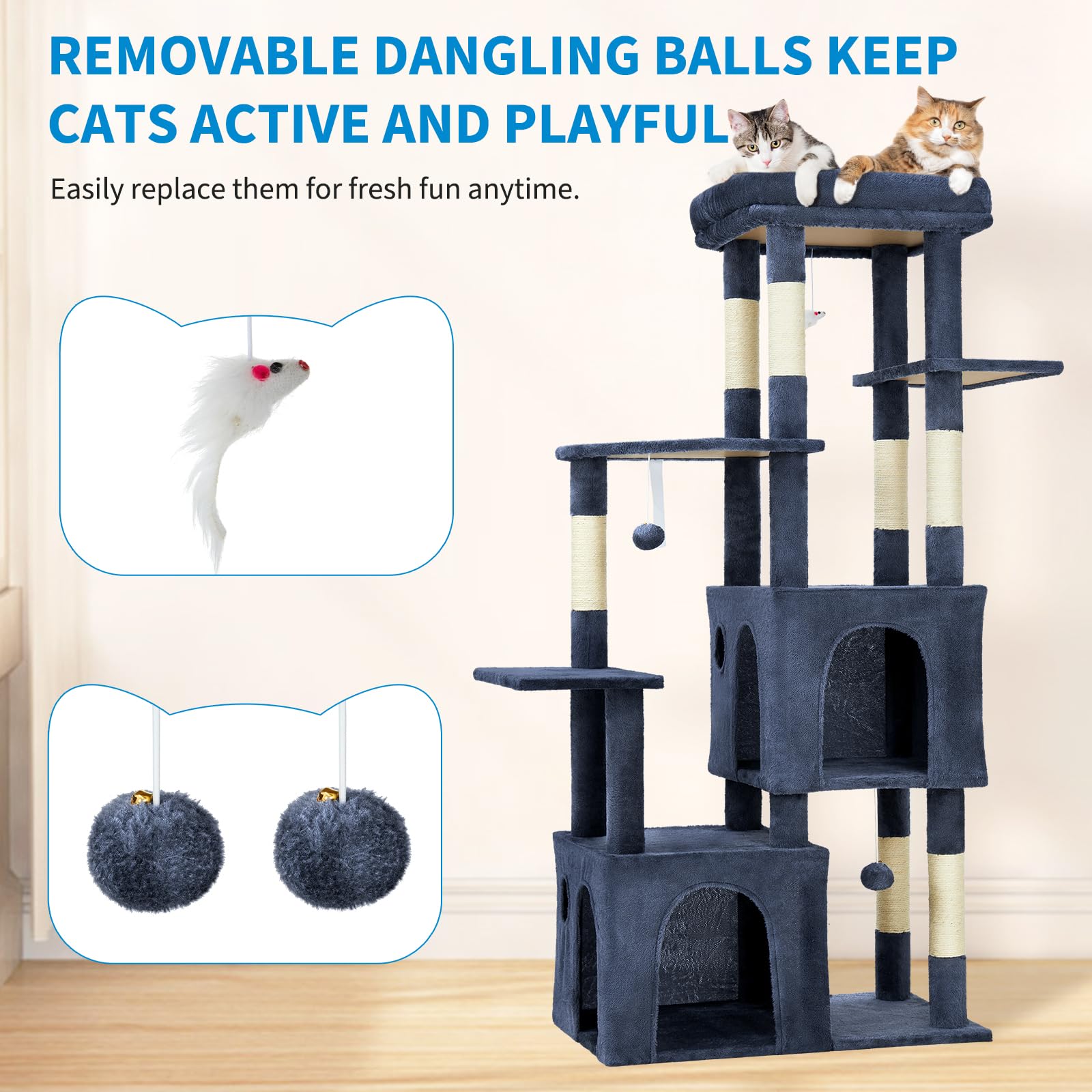 Garvee Arbre à Chat 155 cm Multi-Niveaux pour Grands Chats, Grande Plateforme, 2 Niches Spacieuses, Sisal Naturel, Jouets Suspendus, Intérieur