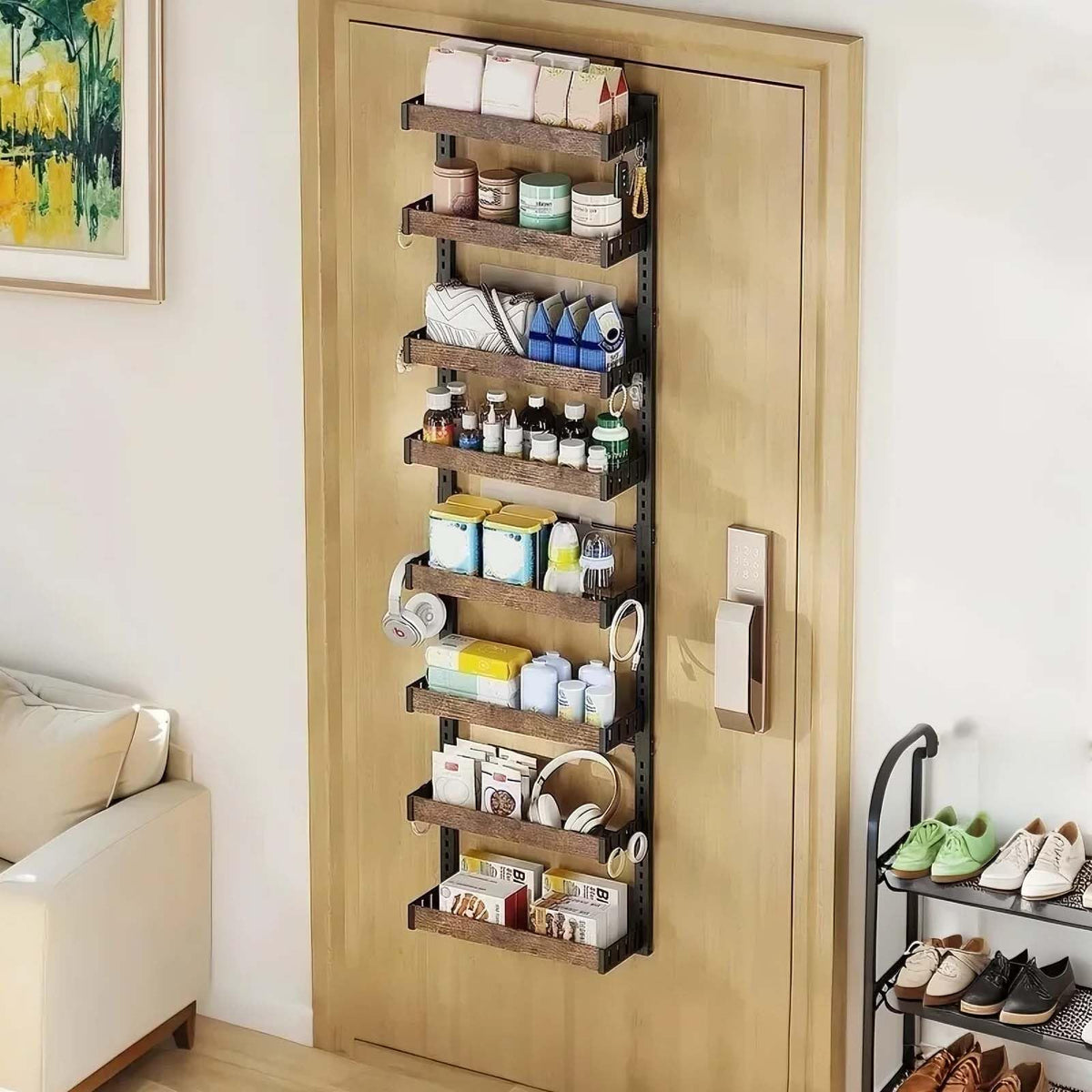 Étagère suspendue Garvee à 8 niveaux, à fixer au-dessus d'une porte, avec système de fixation 2 en 1, paniers réglables de 4,5 cm, en métal, idéale pour la cuisine et le garde-manger, gain de place et polyvalente.