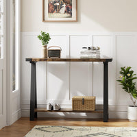 Console Garvee style ferme, 110 cm, avec rangement, 2 niveaux, structure en métal, MDF, brun rustique, pour entrée, salon ou couloir.