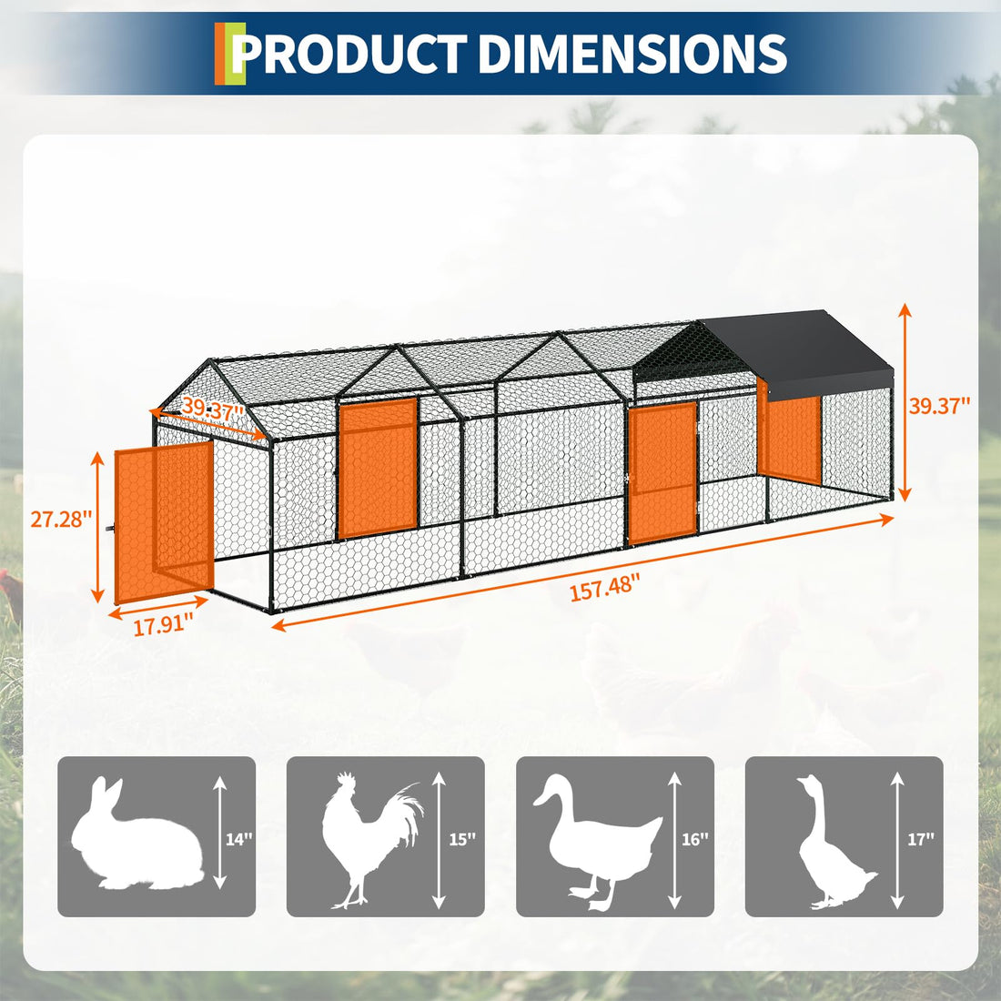 Poulailler Garvee grand format 406 x 101,6 x 101,6 cm – 4 portes, acier galvanisé, résistant aux intempéries et sécurisé