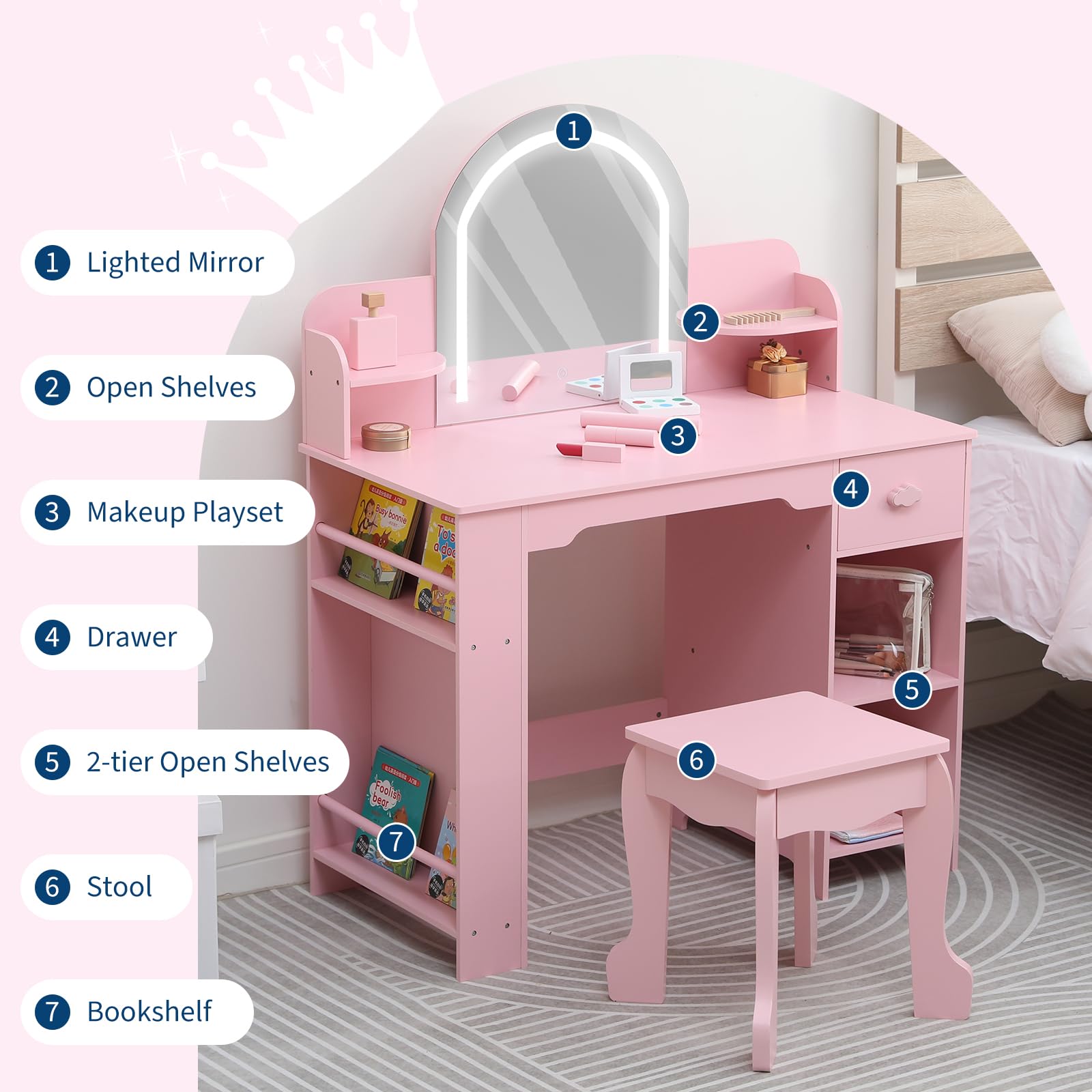 Coiffeuse Garvee pour enfants avec lumière LED, tabouret et étagère, en MDF rose, pour filles de 3 à 9 ans, chambre et salle de jeux