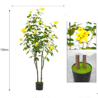 Arbre à fleurs artificiel Garvee de 1,5 m avec fleurs jaunes réalistes, pot en ciment robuste pour jardin et mariage, facile d'entretien, flexible et modulable.