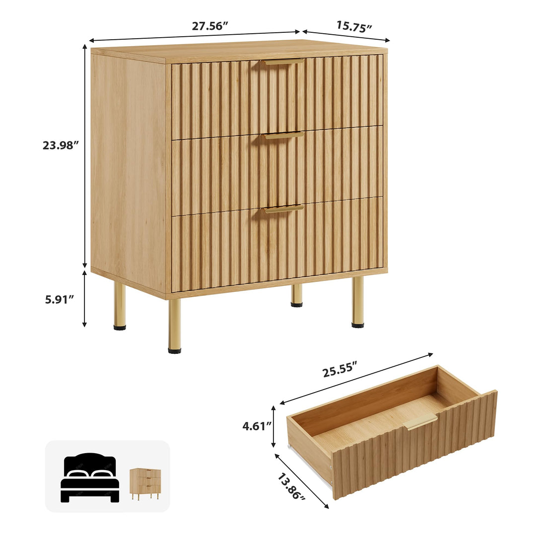 Garvee meuble TV pour chambre, style moderne cannelé, 3 tiroirs profonds, écologique, imperméable, rangement polyvalent, naturel