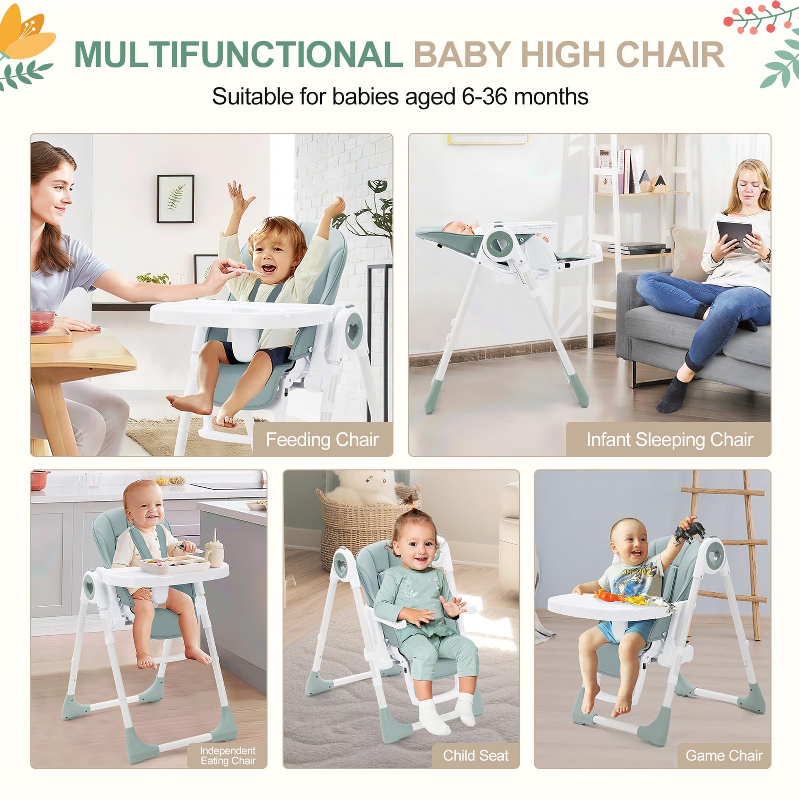 Chaise haute pliable Garvee verte pour bébé – Hauteur réglable avec harnais 5 points et double tablette pour bébés jusqu'à 22,5 kg