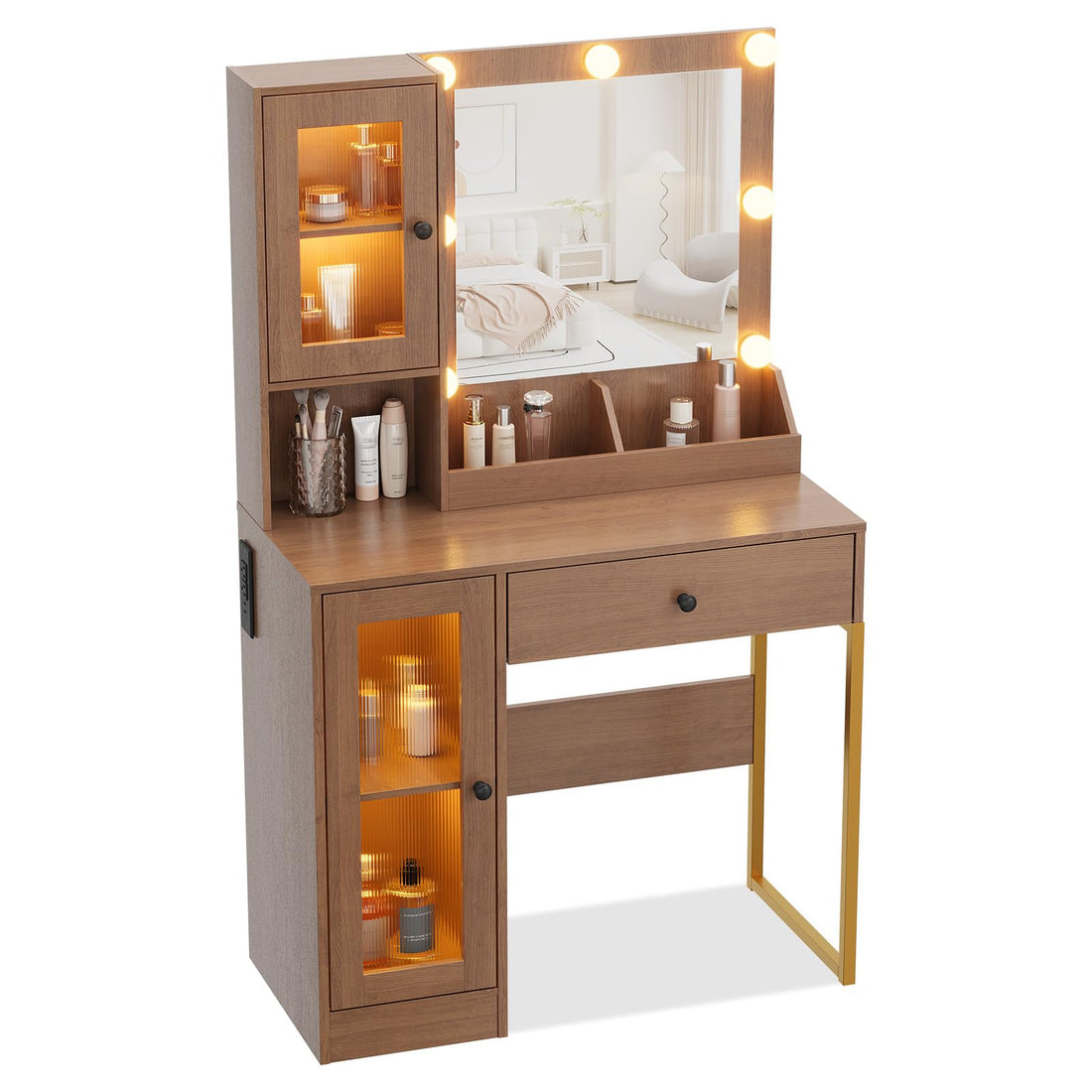 Coiffeuse Garvee avec miroir et éclairage, MDF robuste, éclairage à intensité variable, ports USB, chambre, blanche