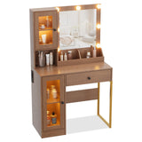 Garvee Coiffeuse avec miroir et éclairage, MDF robuste, éclairage à intensité variable, ports USB, chambre, blanche - Bois Naturel