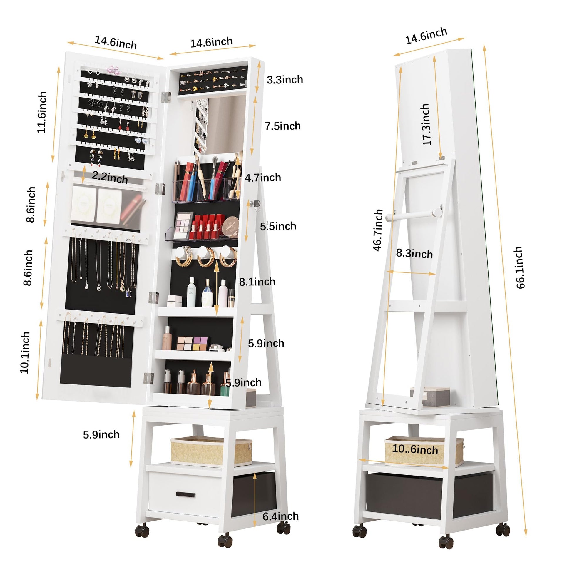 Armoire à bijoux Garvee, miroir de maquillage pivotant à 360°, en bois, verrouillable, sur roulettes, grande capacité, blanc, pour salon ou chambre.