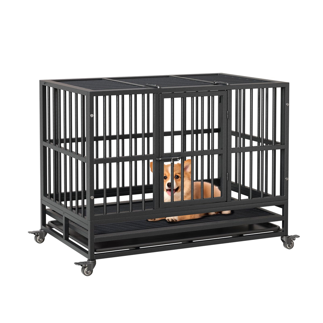 Garvee Cage de transport robuste pour chien, 94 cm (94 cm), avec double porte, roulettes pivotantes à 360°, en métal, pliable, pour chiens de petite et grande taille, usage intérieur