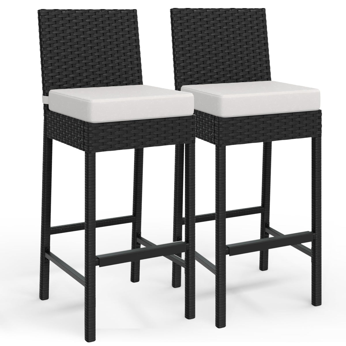 Ensemble de 2 tabourets de bar d'extérieur Garvee en résine tressée - Ergonomiques et résistants aux intempéries - Structure en rotin PE et acier - Hauteur d'assise : 71 cm - Pour jardin et terrasse - Noir