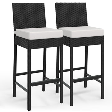 Ensemble de 2 tabourets de bar d'extérieur Garvee en résine tressée - Ergonomiques et résistants aux intempéries - Structure en rotin PE et acier - Hauteur d'assise : 71 cm - Pour jardin et terrasse - Noir