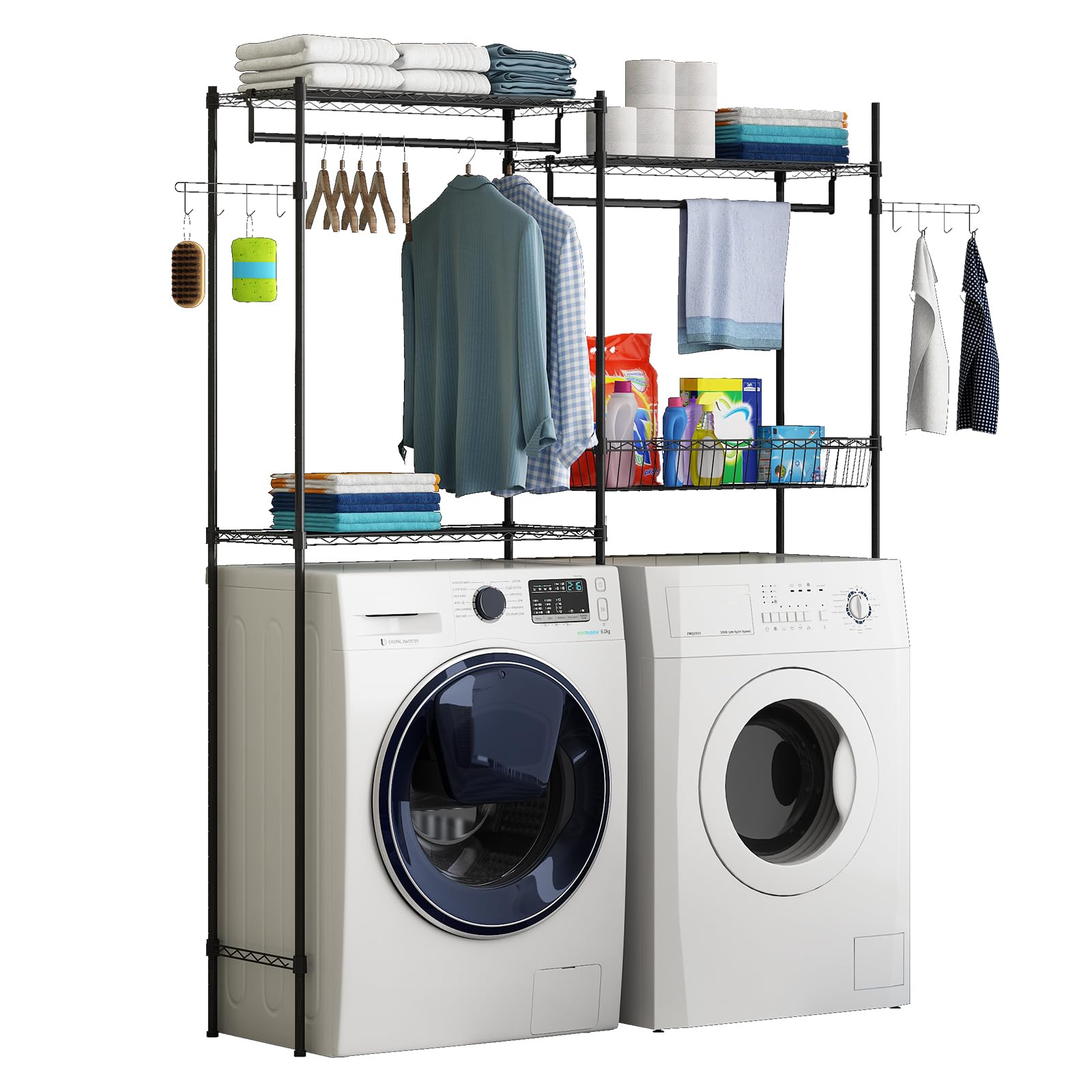 Étagère Garvee pour lave-linge et sèche-linge, réglable en hauteur, en acier noir avec panier à linge pour buanderie, largeur 146 cm (57,4 po)
