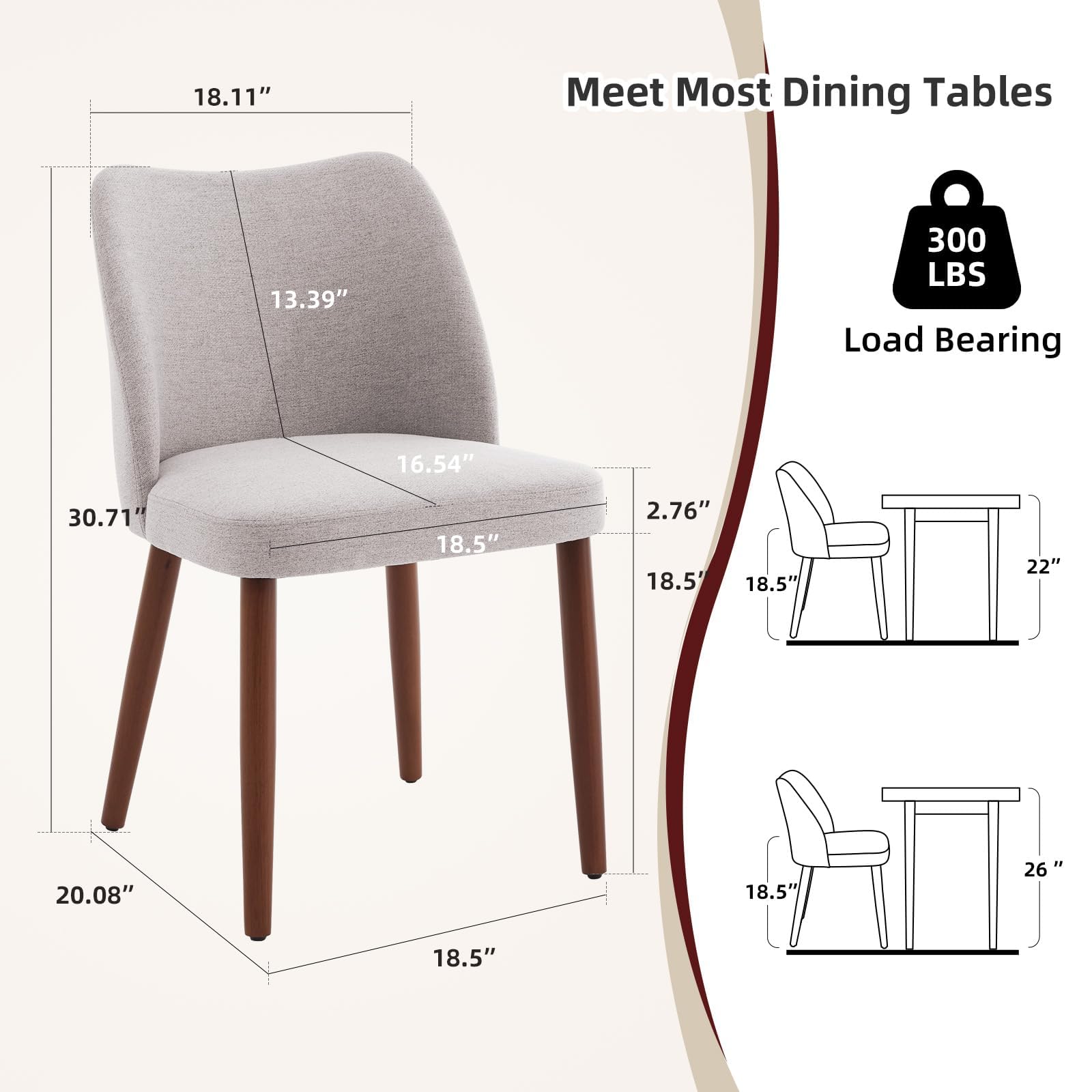 Chaises de salle à manger Garvee modernes, lot de 2, avec dossier ergonomique et pieds en bois d'hévéa, pour salle à manger, salon ou restaurant, gris lin
