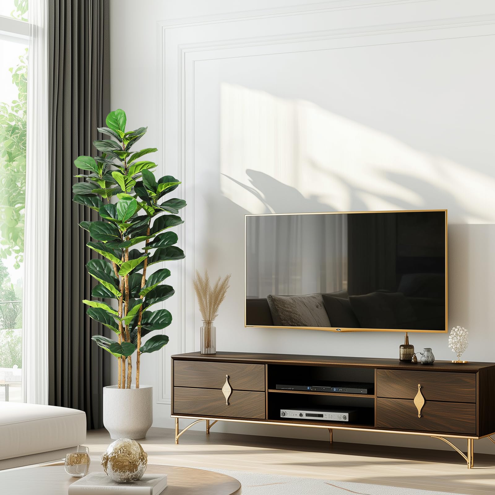 Garvee Ficus Lyrata artificiel 183 cm, feuillage vert réaliste, pot blanc et tronc en bois naturel, décoration intérieure