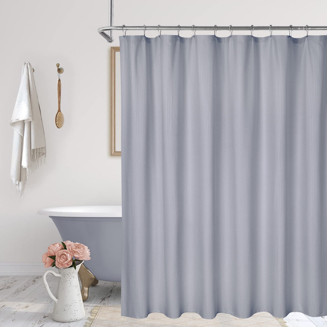 Rideau de douche Garvee gris à motif en relief, polyester, ourlet lesté, 12 boutonnières, convient aux salles de bains