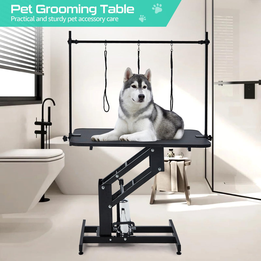 Garvee Table de toilettage hydraulique pour chiens, hauteur réglable, pour le bain, la coupe et le stylisme, 110 × 61 cm, panneau MDF, stable et antidérapante