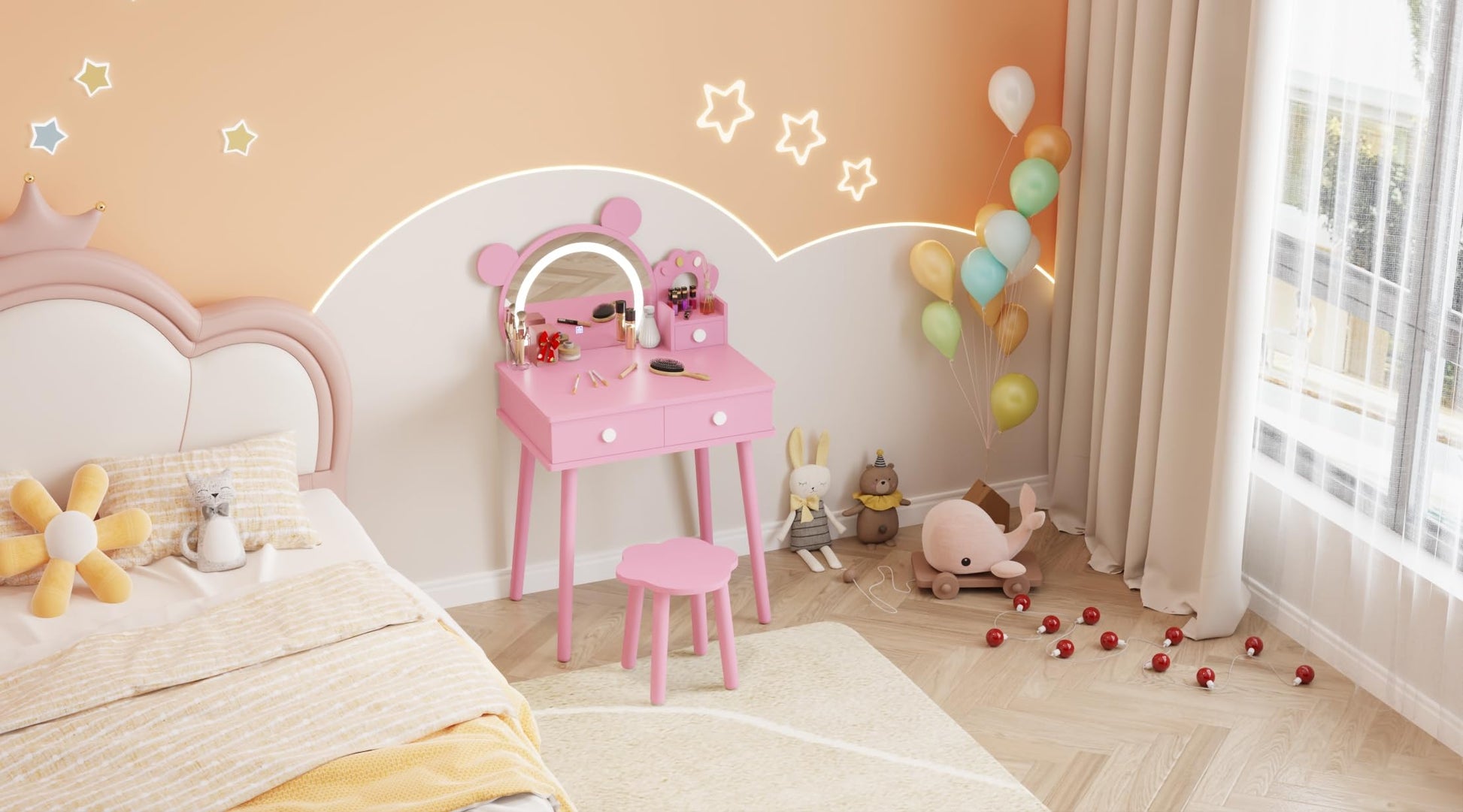 Coiffeuse Garvee pour enfant avec éclairage LED et rangement, forme ours, bois, miroir réglable, tabouret fleuri pour salle de jeux, 55 cm (L) x 38 cm (l) x 101 cm (H), couleur naturelle