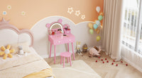 Coiffeuse Garvee pour enfant avec éclairage LED et rangement, forme ours, bois, miroir réglable, tabouret fleuri pour salle de jeux, 55 cm (L) x 38 cm (l) x 101 cm (H), couleur naturelle