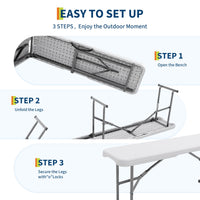 Garvee banc pliant portable de 1,8 m en plastique PEHD résistant aux intempéries, stable et pliable avec poignée pour pique-nique, camping et sports de plein air