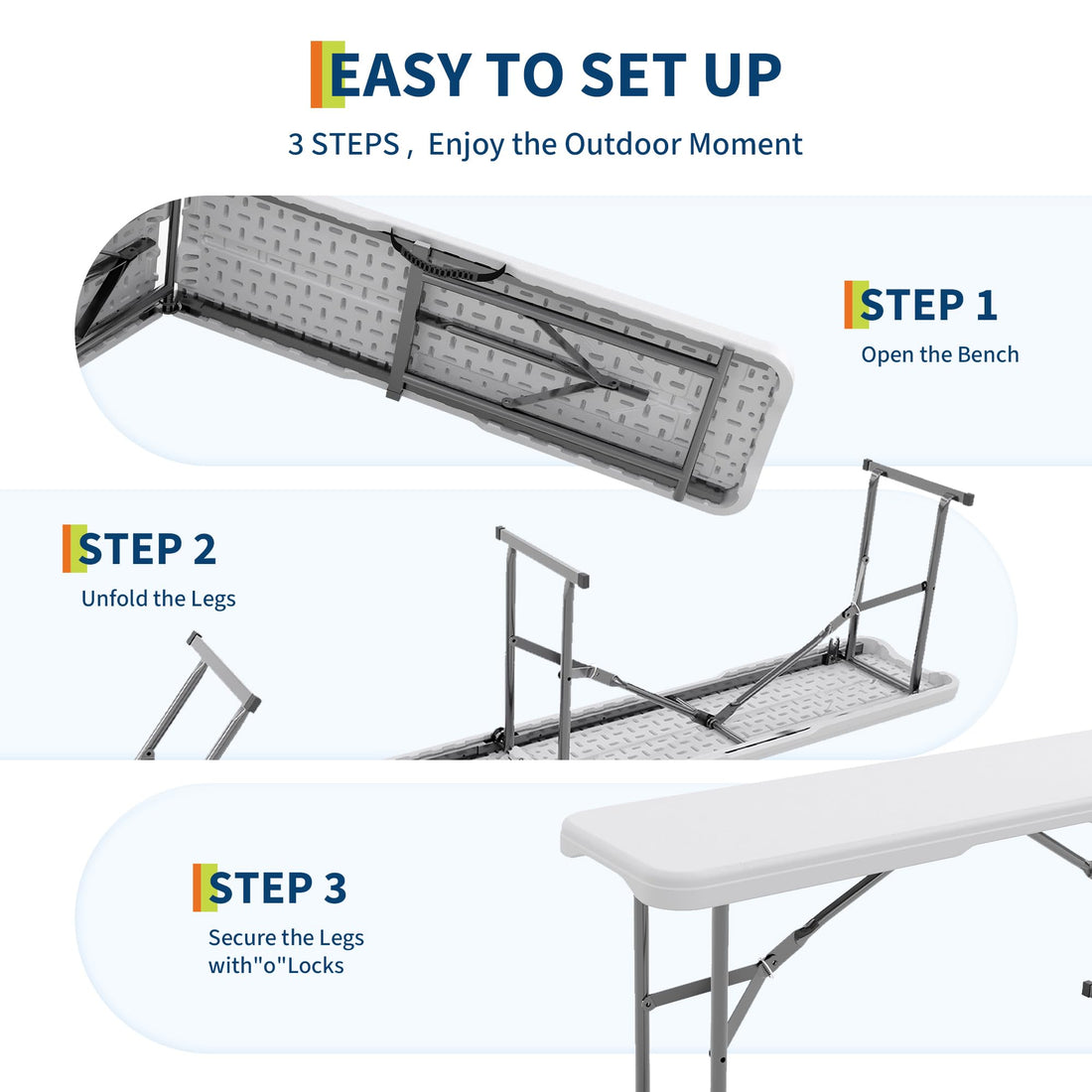 Garvee banc pliant portable en plastique PEHD blanc, stable et résistant aux intempéries, pour pique-niques et activités sportives en extérieur