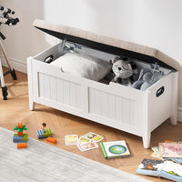 Banc de rangement Garvee 39,4 po avec coussin, charnières de sécurité, coffres de rangement, bois aggloméré, blanc, pour couloir et salon
