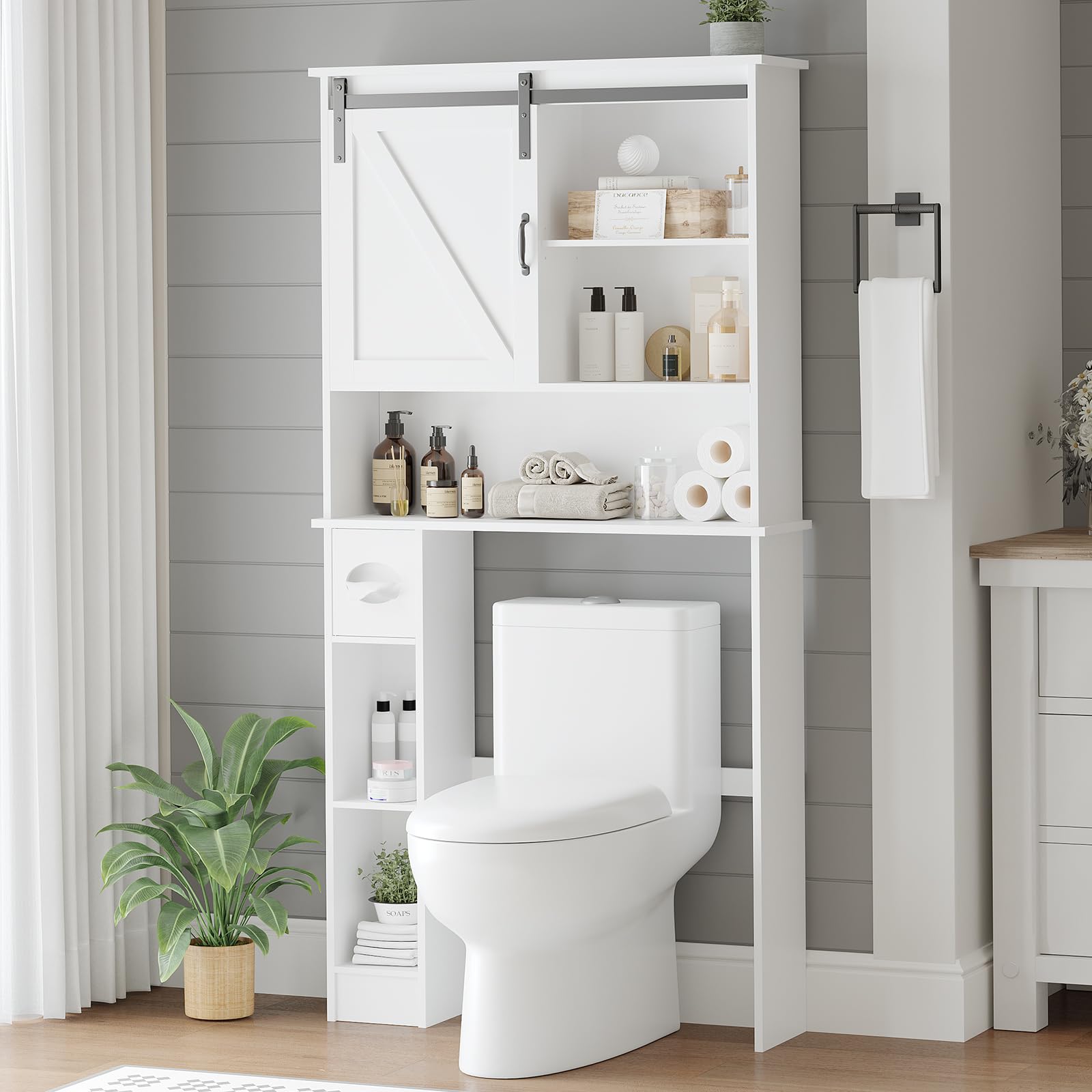 Armoire de rangement Garvee à suspendre aux toilettes avec porte coulissante, étagère réglable, porte-papier toilette, blanche, bois, gain de place pour salle de bain et buanderie