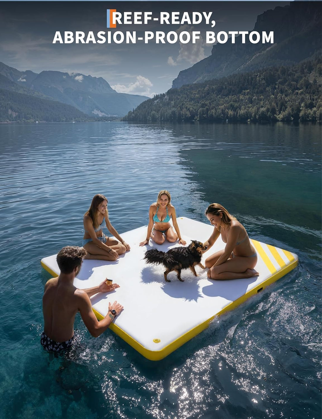 Île flottante gonflable Garvee 3 x 3 m, surface antidérapante, PVC 2700 g/m², résistante, avec sac de transport et pompe, idéale pour les lacs et la plage