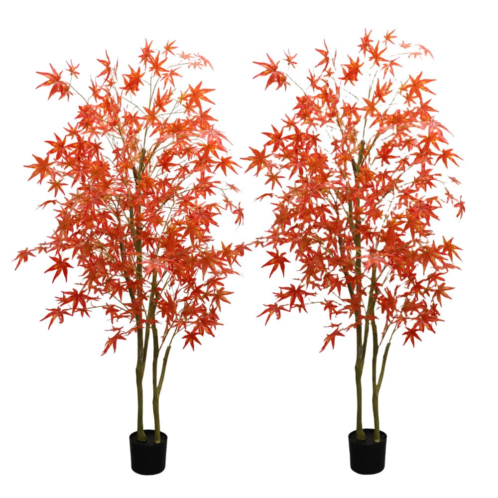 Garvee - Ensemble de 2 pièces : érable artificiel d'automne de 1,8 m avec pot, rouge, facile d'entretien et ignifugé, idéal pour la décoration automnale et Thanksgiving.