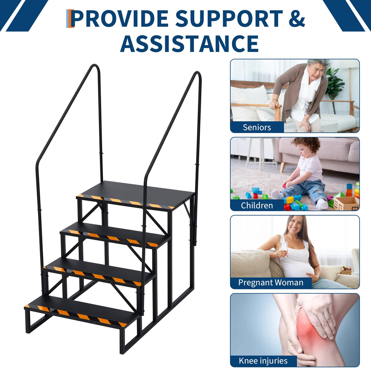 Escalier portable Garvee à 4 marches pour VR avec rampe, en acier, bandes antidérapantes pour caravanes et usage extérieur, 181 kg (400 lb), noir
