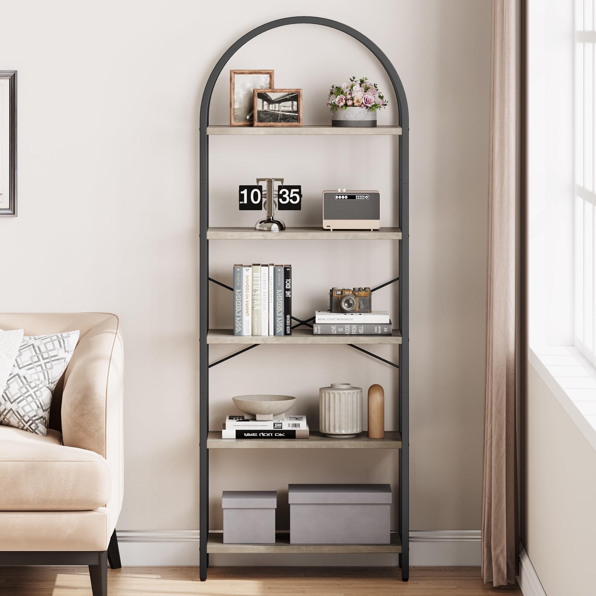 Garvee Bibliothèque arquée à 5 niveaux, 180cm, étagère industrielle en métal gris pour salon, bureau ou chambre