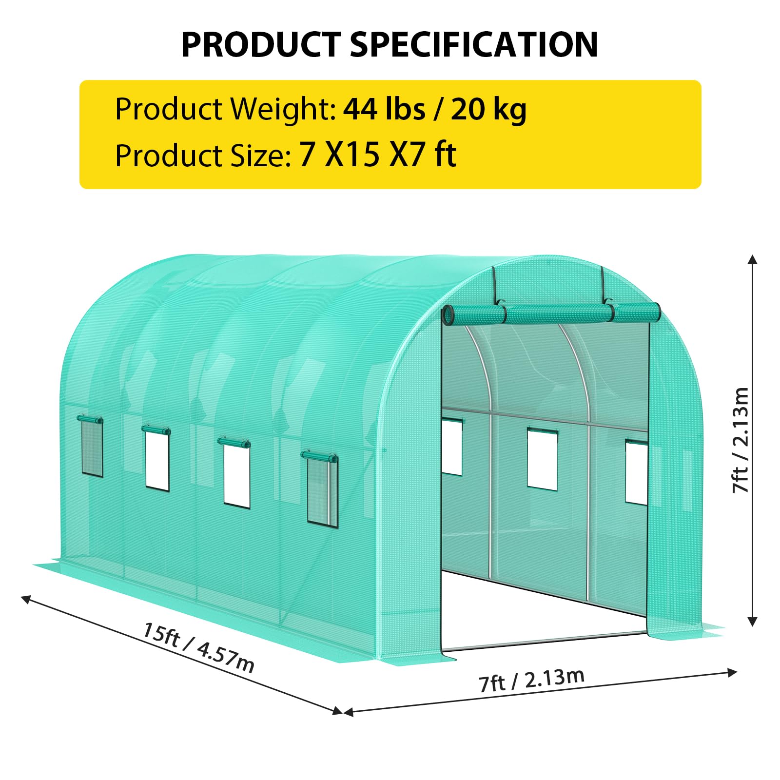 Serre Garvee 2,1 × 4,5 × 2,1 m – Serre à structure métallique avec 2 portes et 8 fenêtres pour le jardin et l'extérieur