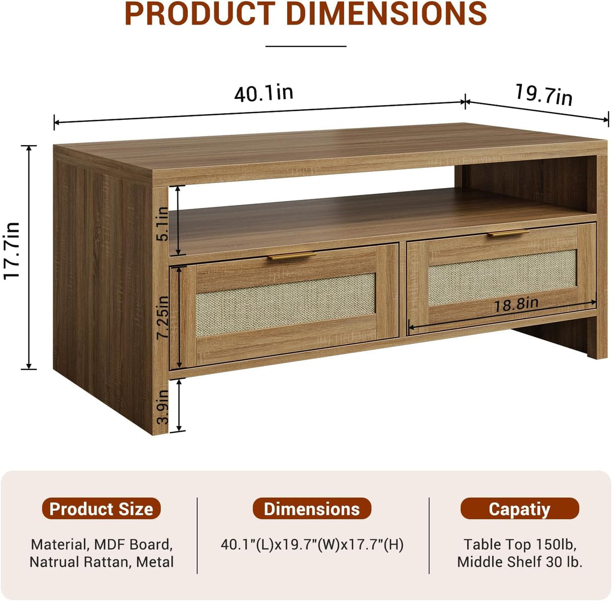 Garvee table basse bohème à 2 niveaux avec rangement, rotin et MDF, 2 tiroirs, style mid-century, chêne, salon et chambre
