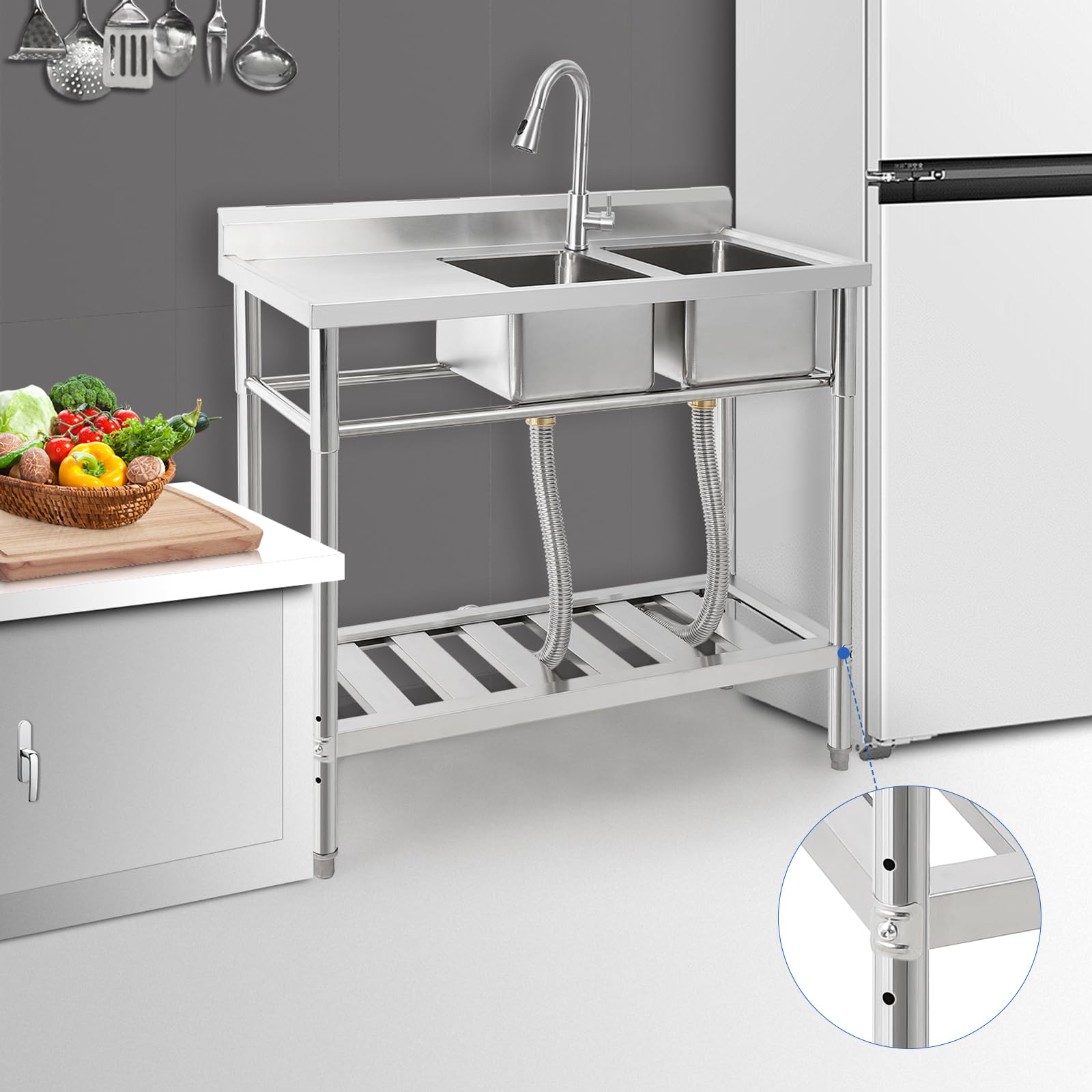 Garvee Évier commercial double bac en acier inoxydable, robinet pivotant 360°, étagères de rangement, pour cuisine et extérieur, 33 × 33 × 21 cm.