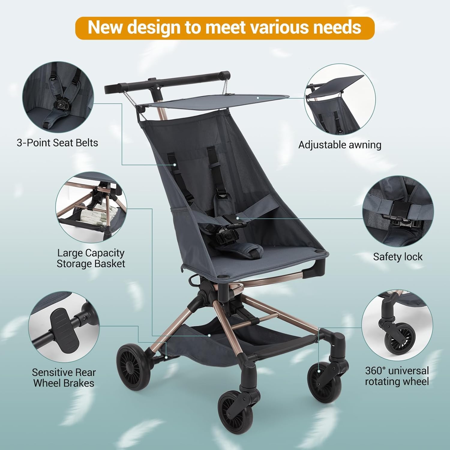 Poussette de voyage légère Garvee – Homologuée pour le transport aérien, pliable, protection UV, 3,8 kg, cadre en aluminium, roues pivotantes à 360°