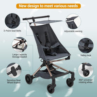 Poussette de voyage légère Garvee – Homologuée pour le transport aérien, pliable, protection UV, 3,8 kg, cadre en aluminium, roues pivotantes à 360°