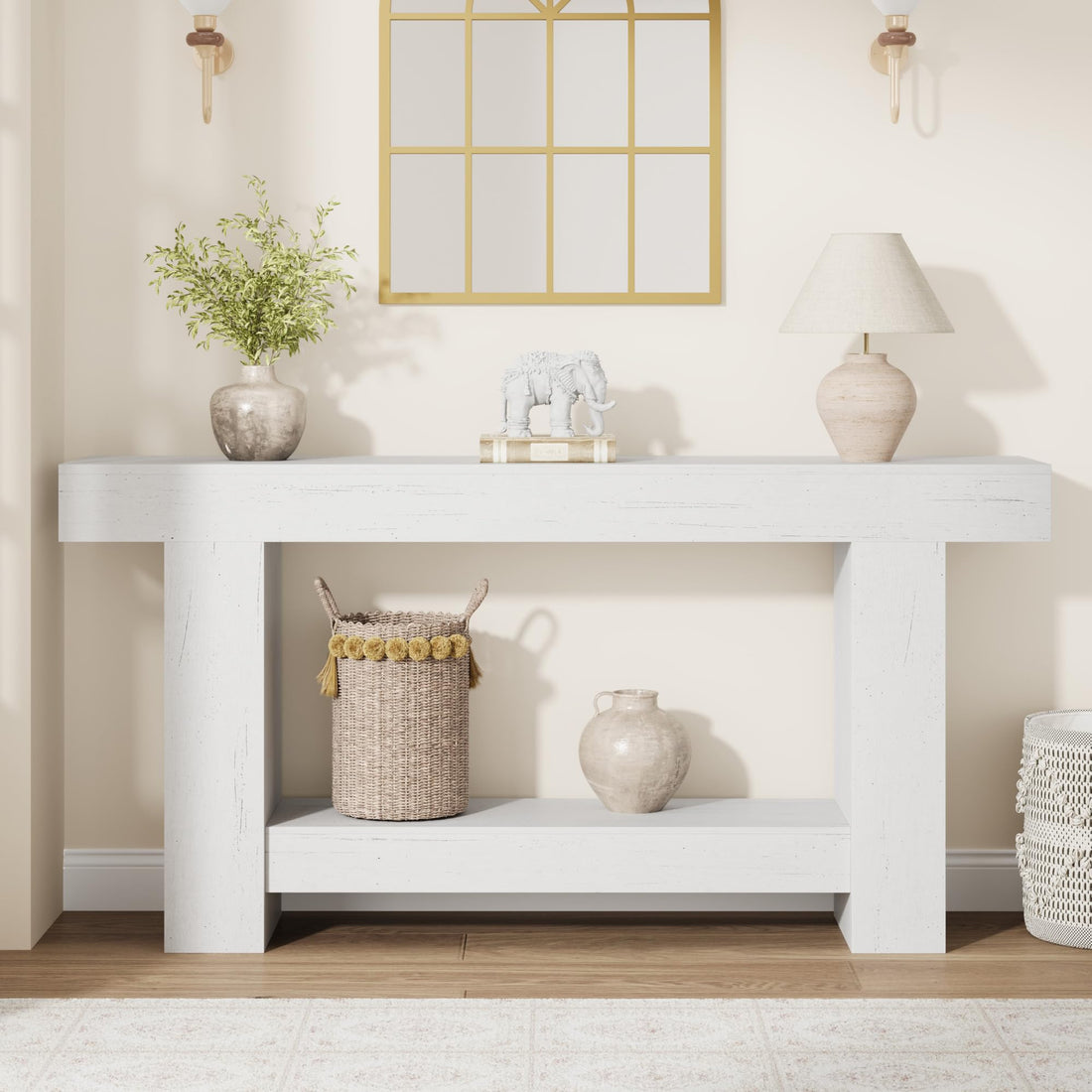Garvee Console 160 cm pour entrée avec rangement à 2 niveaux, bois robuste, style rustique, rectangulaire, polyvalente pour le salon et l'entrée