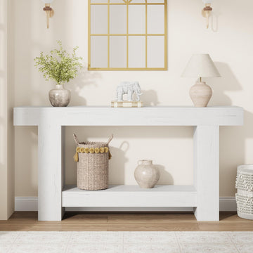 Garvee Table Console 160 cm en Bois Massif avec 2 Étagères, Style Maison de Campagne, pour Salon et Entrée, Blanc